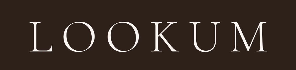 Logo showing the word LOOKUM in cream serif letters on a dark brown background (brand wordmark).